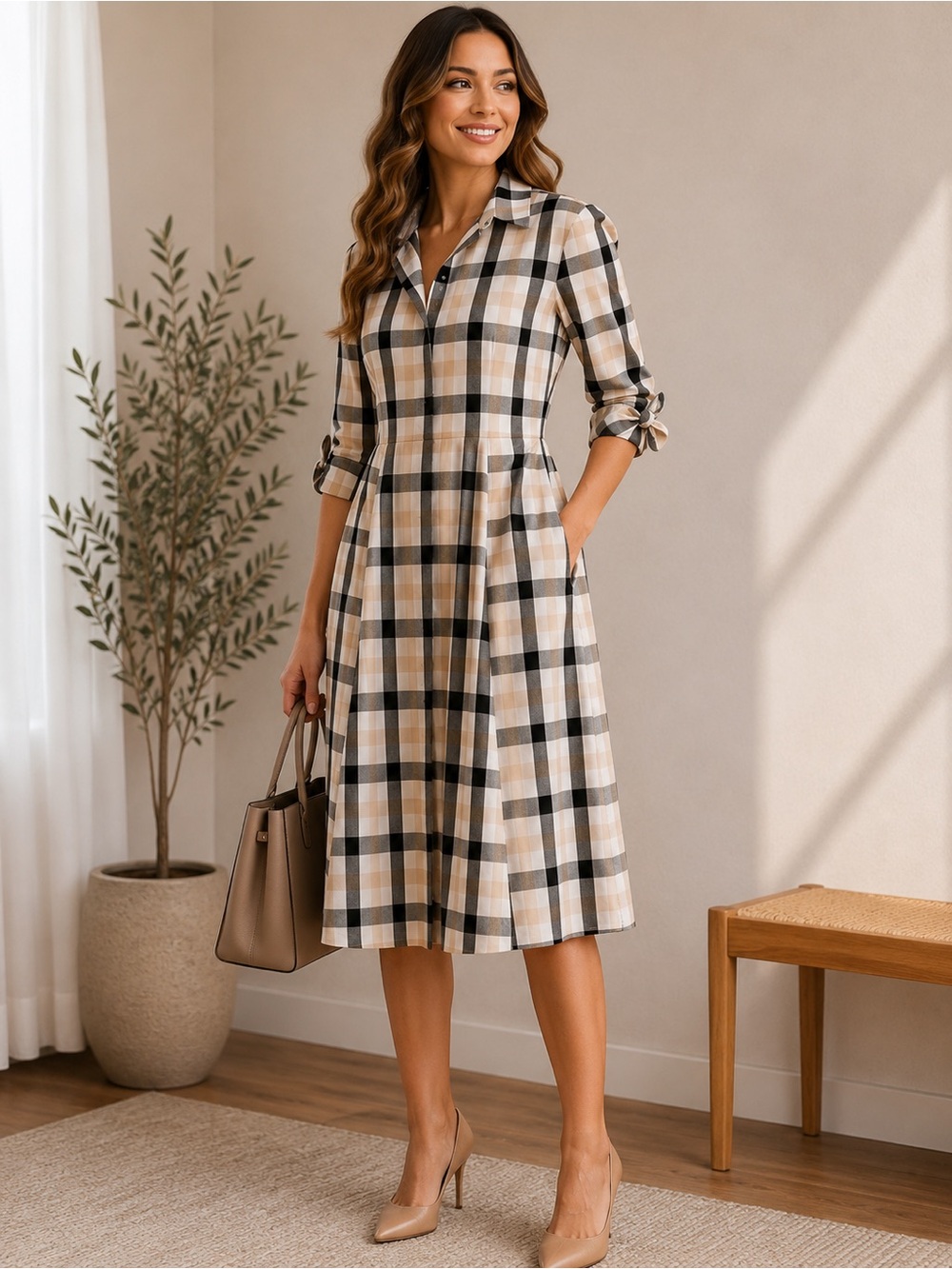 Calvin Klein Plaid Shirt Dress Bow Tie Sleeve Pockets No Size Tag